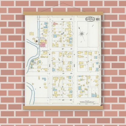 Old map wall art mockup — magnetic wood frame on brick wall — Sanborn Fire Insurance Map from San Antonio, Bexar County, Texas (1892), Sheet #0021