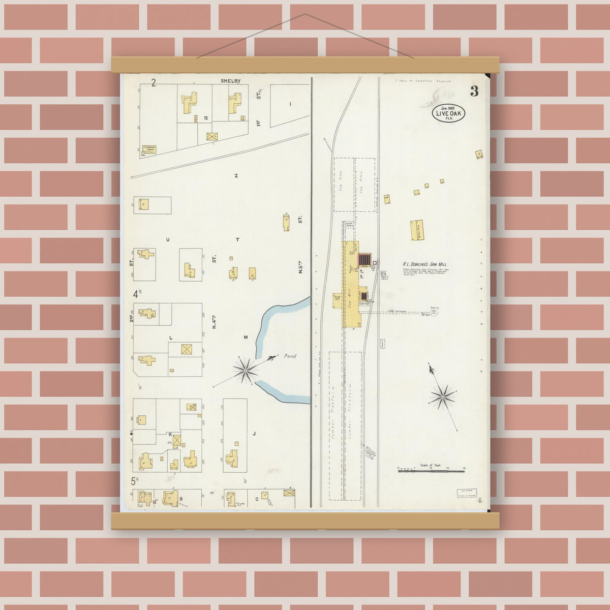 Old map wall art mockup — magnetic wood frame on brick wall — Sanborn Fire Insurance Map from Live Oak, Suwanee County, Florida (1903), Sheet #0003