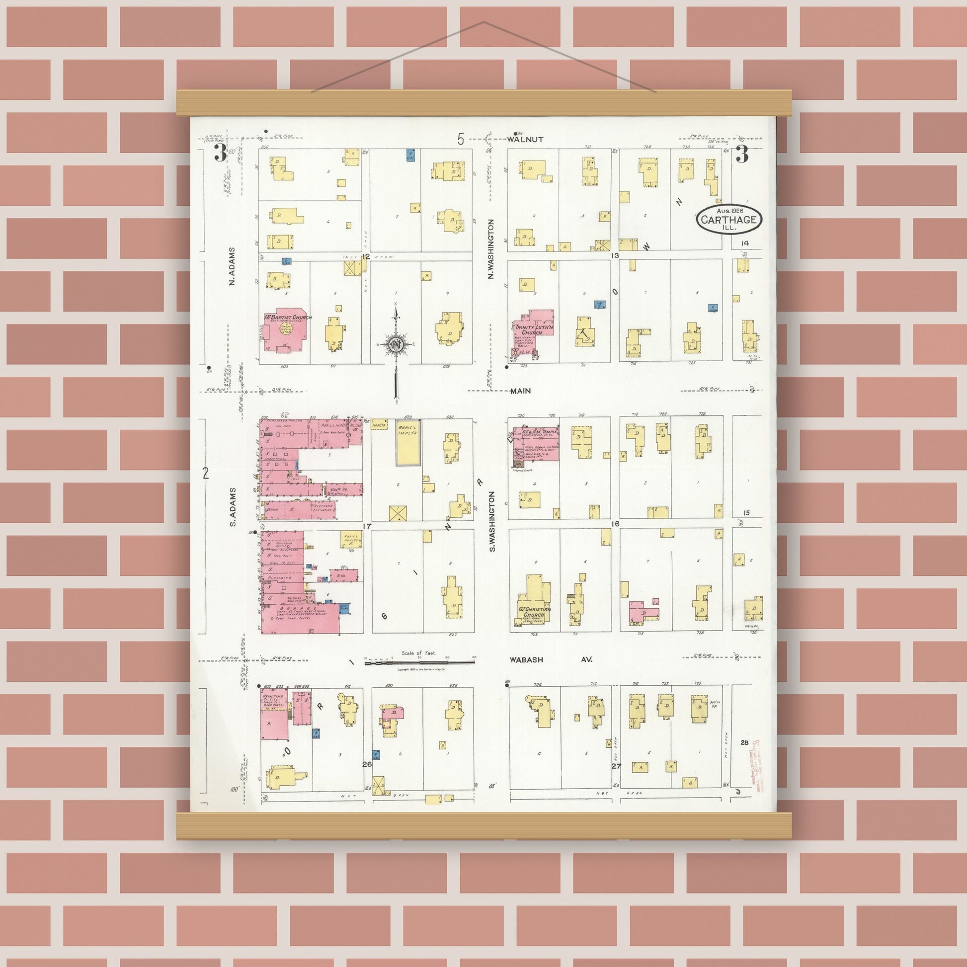 Old map wall art mockup — magnetic wood frame on brick wall — Sanborn Fire Insurance Map from Carthage, Hancock County, Illinois (1926), Sheet #0003