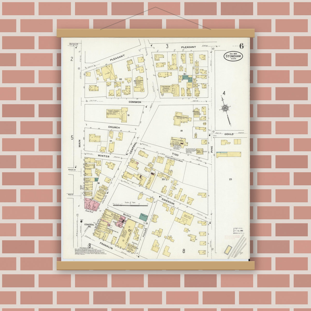Old map wall art mockup — magnetic wood frame on brick wall — Sanborn Fire Insurance Map from Stoneham, Middlesex County, Massachusetts (1909), Sheet #0006