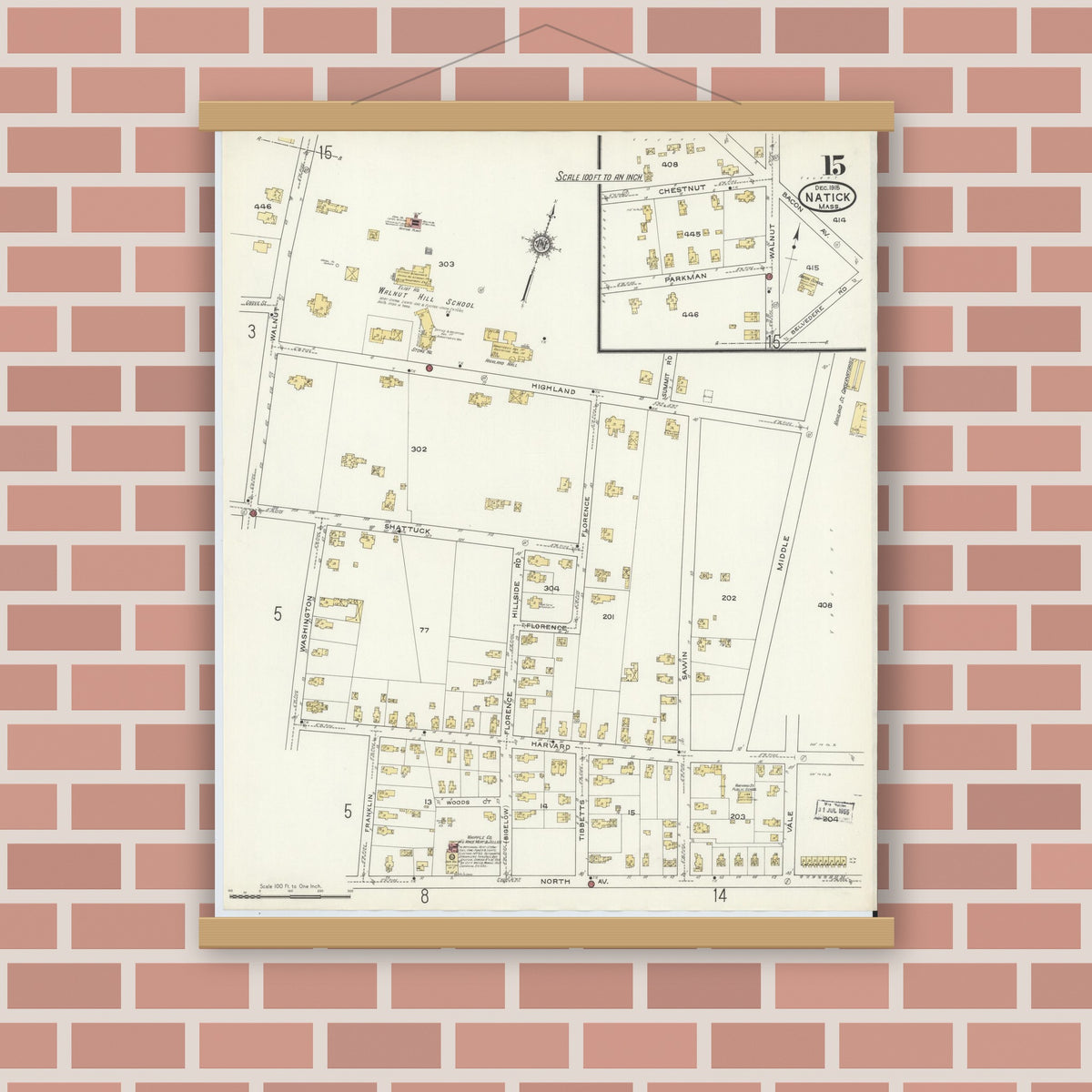 Old map wall art mockup — magnetic wood frame on brick wall — Sanborn Fire Insurance Map from Natick, Middlesex County, Massachusetts (1915), Sheet #0015
