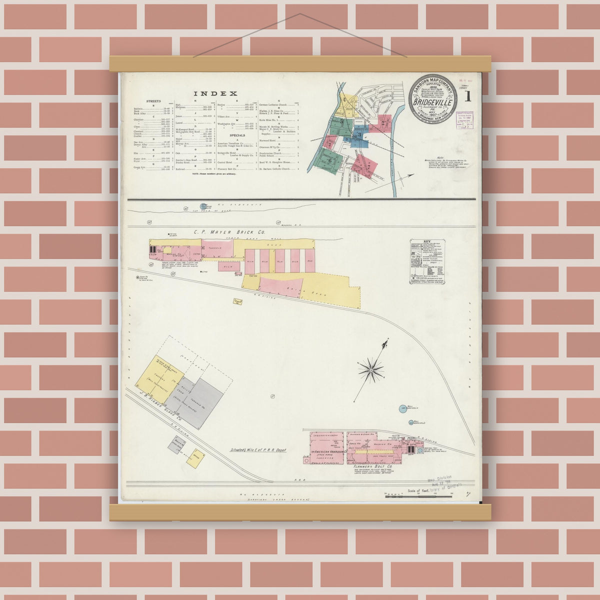 Old map wall art mockup — magnetic wood frame on brick wall — Sanborn Fire Insurance Map from Bridgeville, Allegheny County, Pennsylvania (1907) - Complete Map Set
