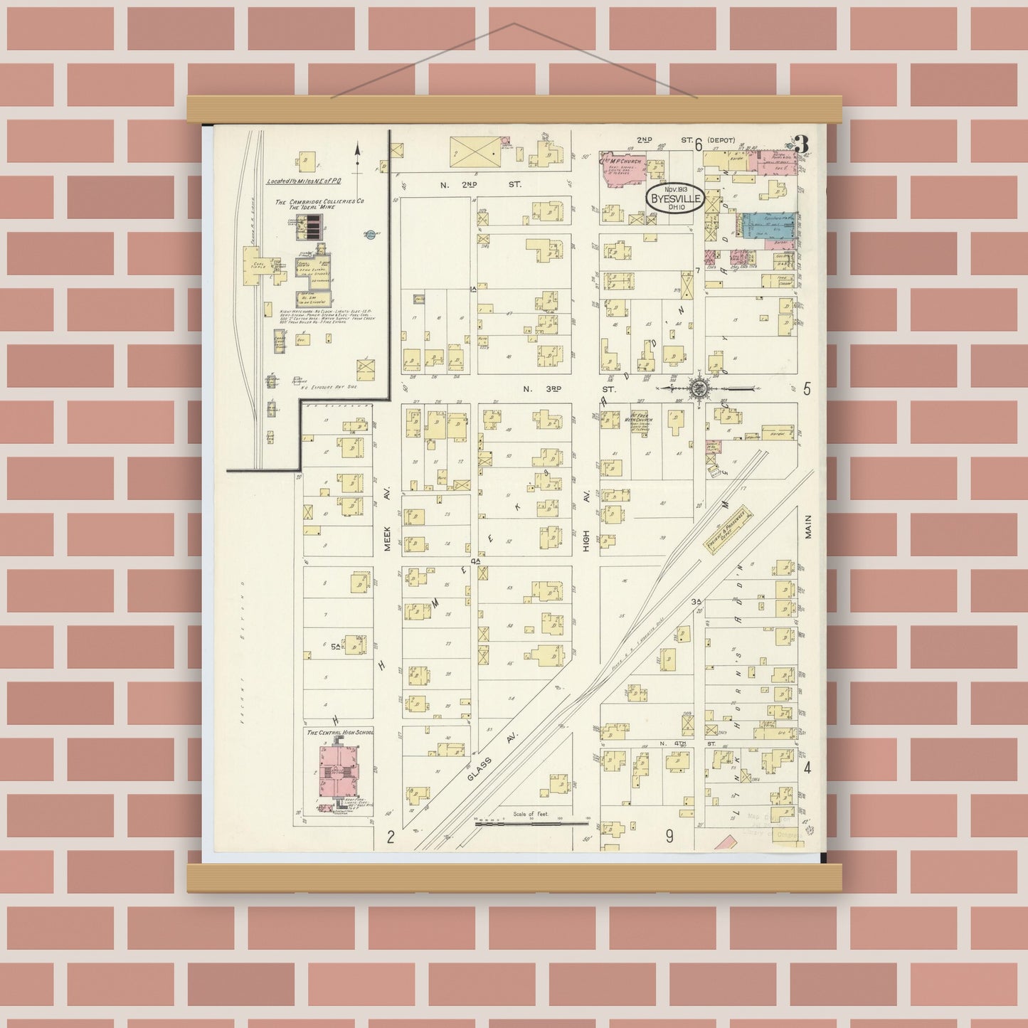 Old map wall art mockup — magnetic wood frame on brick wall — Sanborn Fire Insurance Map from Byesville, Guernsey County, Ohio (1913), Sheet #0003