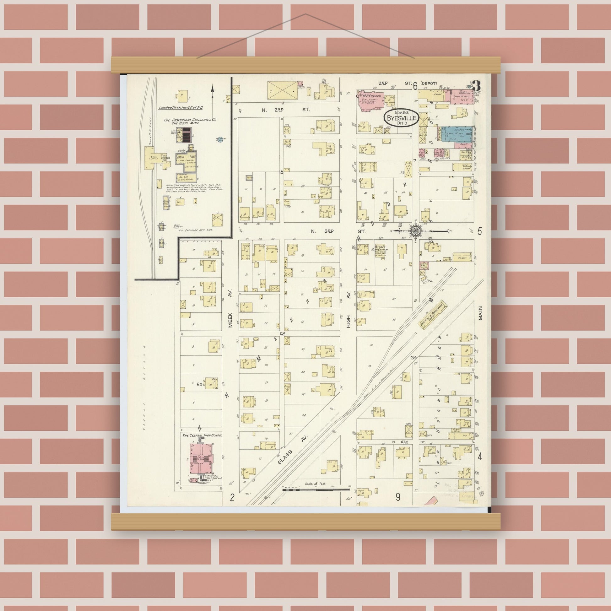 Old map wall art mockup — magnetic wood frame on brick wall — Sanborn Fire Insurance Map from Byesville, Guernsey County, Ohio (1913), Sheet #0003