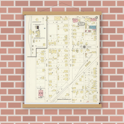 Old map wall art mockup — magnetic wood frame on brick wall — Sanborn Fire Insurance Map from Byesville, Guernsey County, Ohio (1913), Sheet #0003