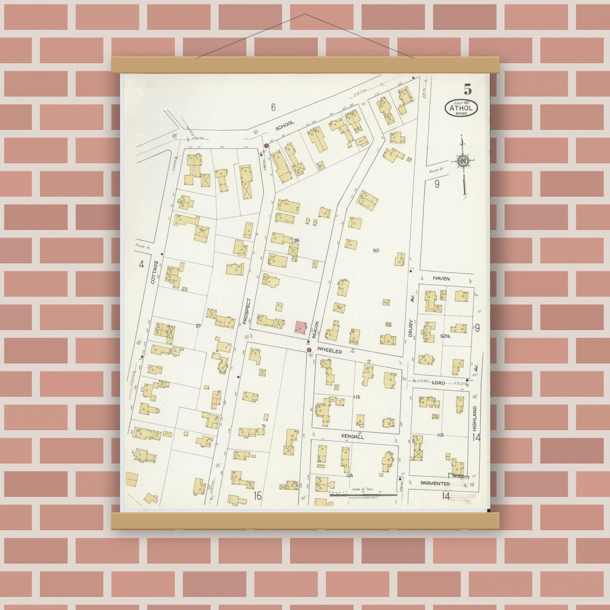 Old map wall art mockup — magnetic wood frame on brick wall — Sanborn Fire Insurance Map from Athol, Worcester County, Massachusetts (1917), Sheet #0005