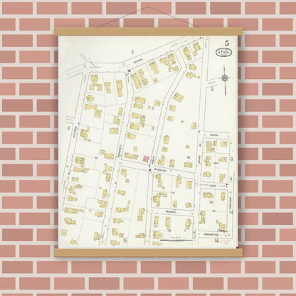 Old map wall art mockup — magnetic wood frame on brick wall — Sanborn Fire Insurance Map from Athol, Worcester County, Massachusetts (1917), Sheet #0005