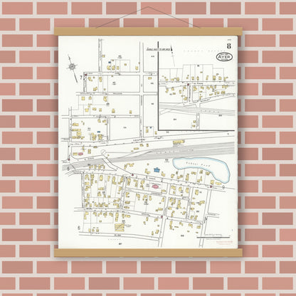 Old map wall art mockup — magnetic wood frame on brick wall — Sanborn Fire Insurance Map from Ayer, Middlesex County, Massachusetts (1921), Sheet #0008