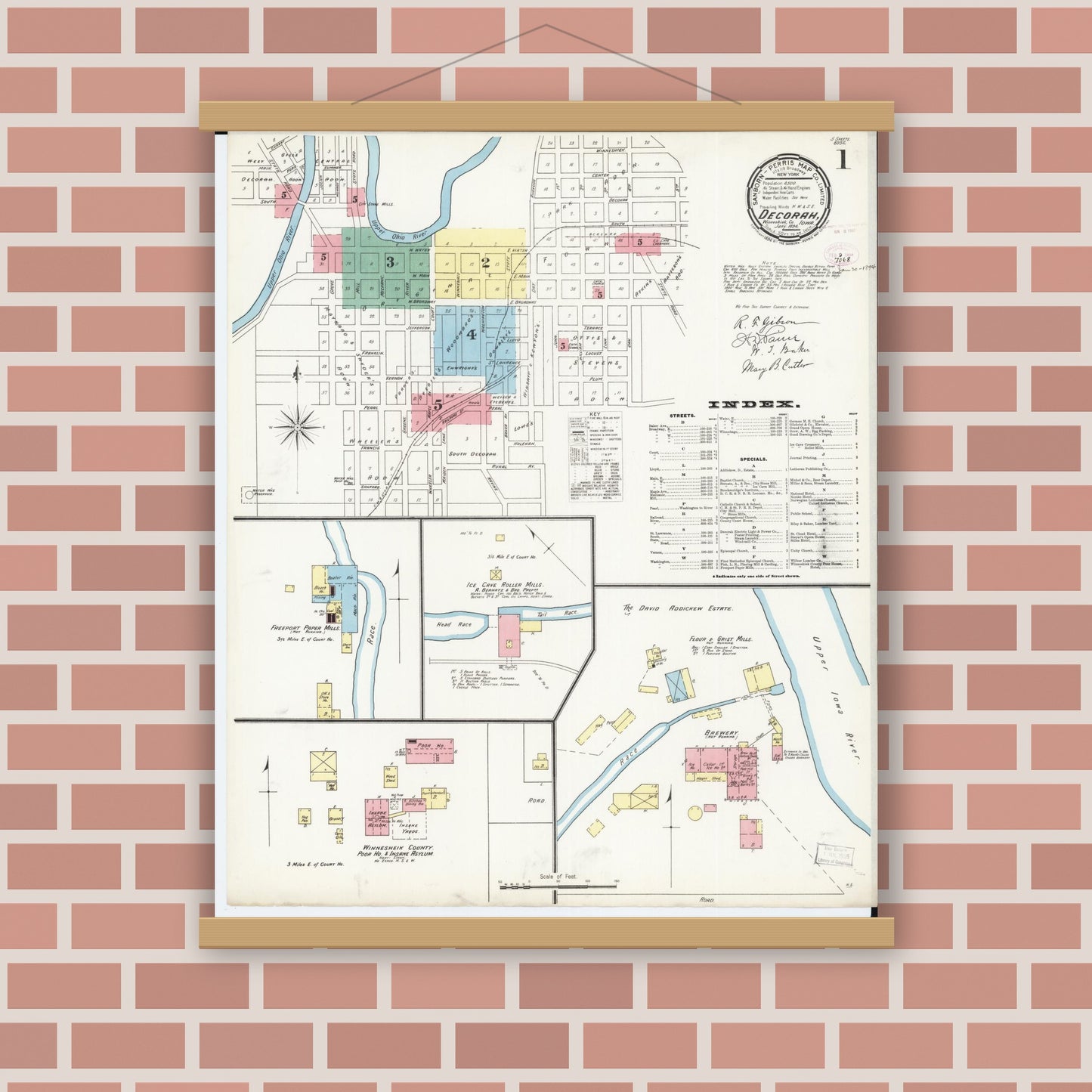 Old map wall art mockup — magnetic wood frame on brick wall — Sanborn Fire Insurance Map from Decorah, Winneshiek County, Iowa (1894), Sheet #0001