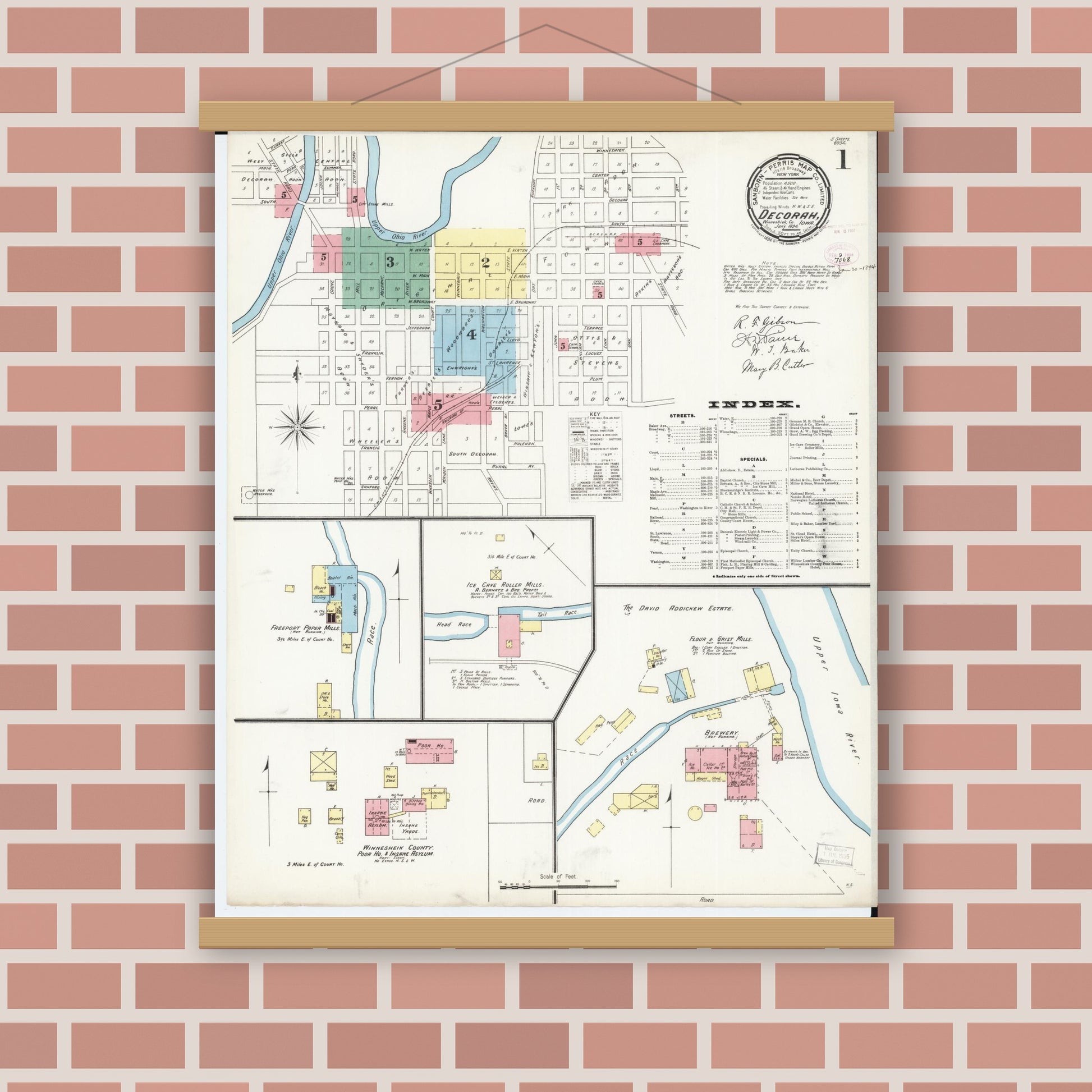 Old map wall art mockup — magnetic wood frame on brick wall — Sanborn Fire Insurance Map from Decorah, Winneshiek County, Iowa (1894), Sheet #0001