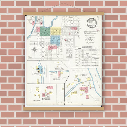 Old map wall art mockup — magnetic wood frame on brick wall — Sanborn Fire Insurance Map from Decorah, Winneshiek County, Iowa (1894), Sheet #0001