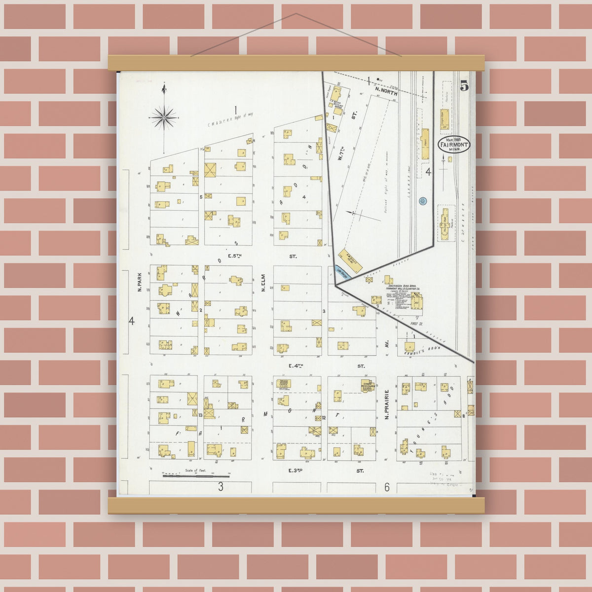 Old map wall art mockup — magnetic wood frame on brick wall — Sanborn Fire Insurance Map from Fairmont, Martin County, Minnesota (1905), Sheet #0005
