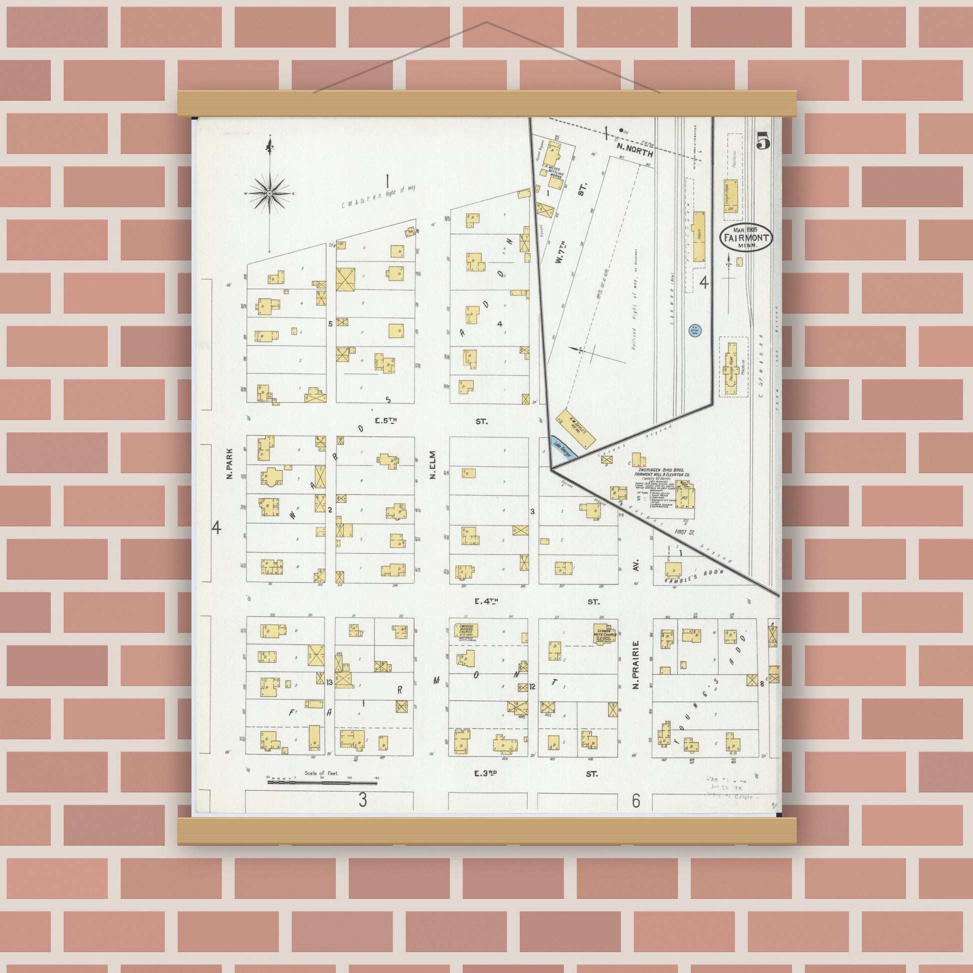 Old map wall art mockup — magnetic wood frame on brick wall — Sanborn Fire Insurance Map from Fairmont, Martin County, Minnesota (1905), Sheet #0005