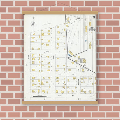 Old map wall art mockup — magnetic wood frame on brick wall — Sanborn Fire Insurance Map from Fairmont, Martin County, Minnesota (1905), Sheet #0005