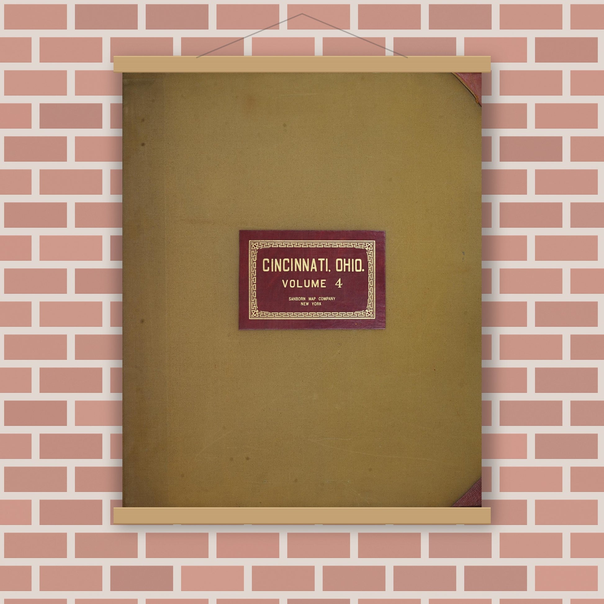 Old map wall art mockup — magnetic wood frame on brick wall — Sanborn Fire Insurance Map from Cincinnati, Hamilton County, Ohio (1949), Sheet #0001