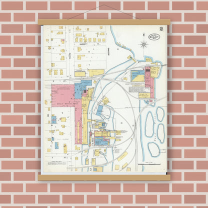 Old map wall art mockup — magnetic wood frame on brick wall — Sanborn Fire Insurance Map from Beloit, Rock County, Wisconsin (1902), Sheet #0002