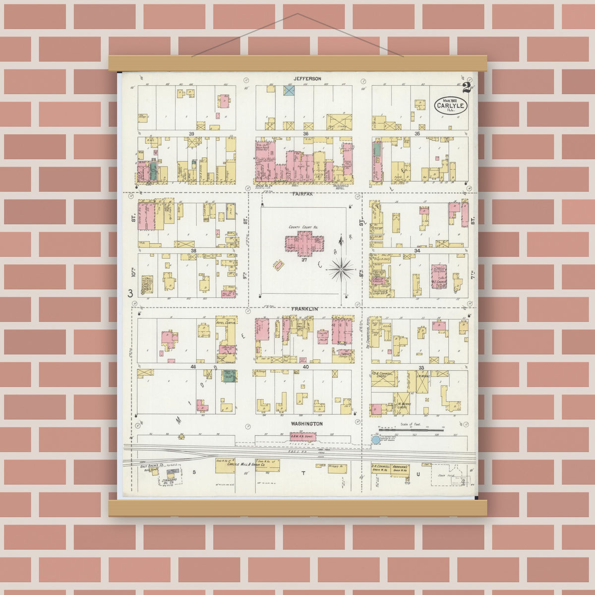 Old map wall art mockup — magnetic wood frame on brick wall — Sanborn Fire Insurance Map from Carlyle, Clinton County, Illinois (1902), Sheet #0002