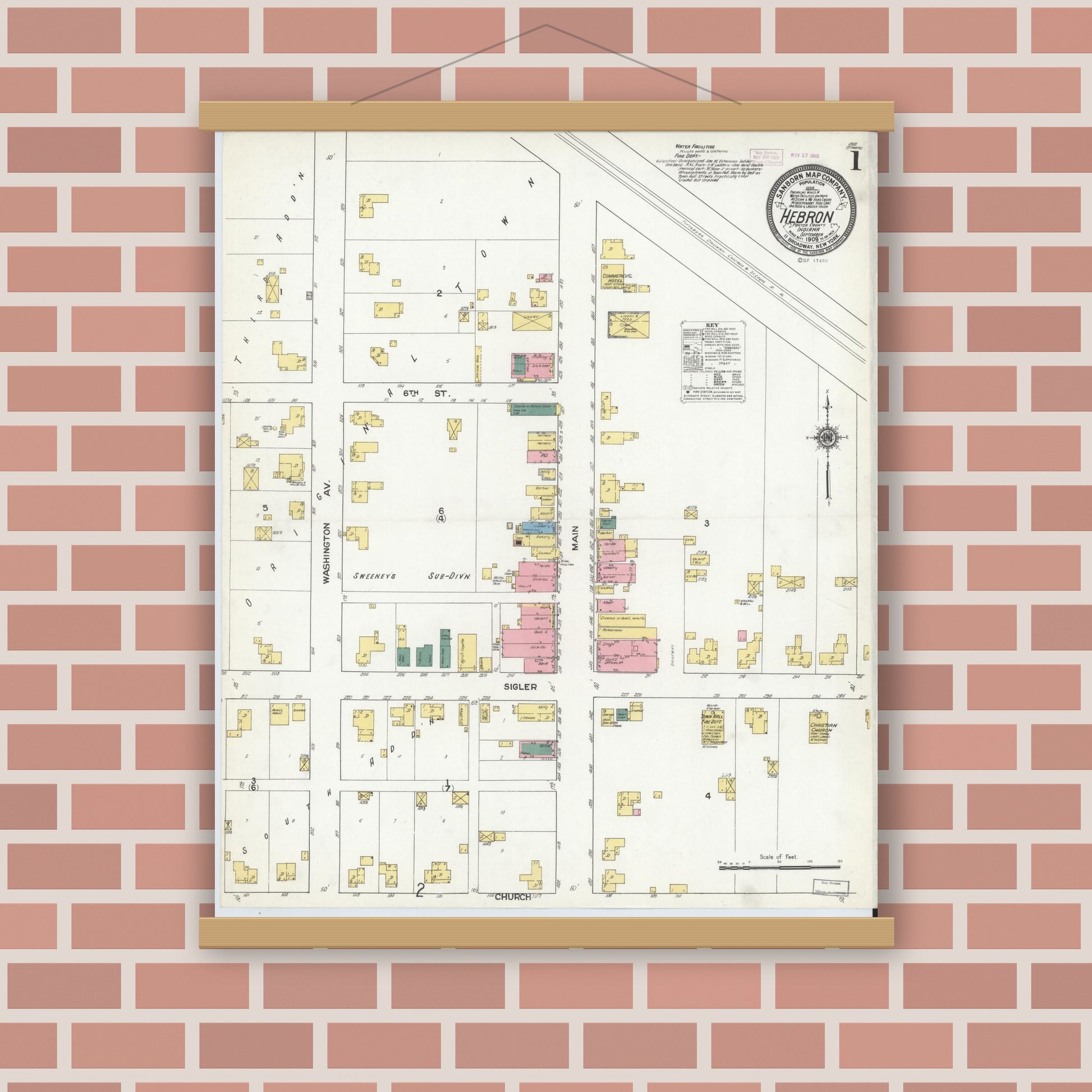 Old map wall art mockup — magnetic wood frame on brick wall — Sanborn Fire Insurance Map from Hebron, Porter County, Indiana (1909), Sheet #0001