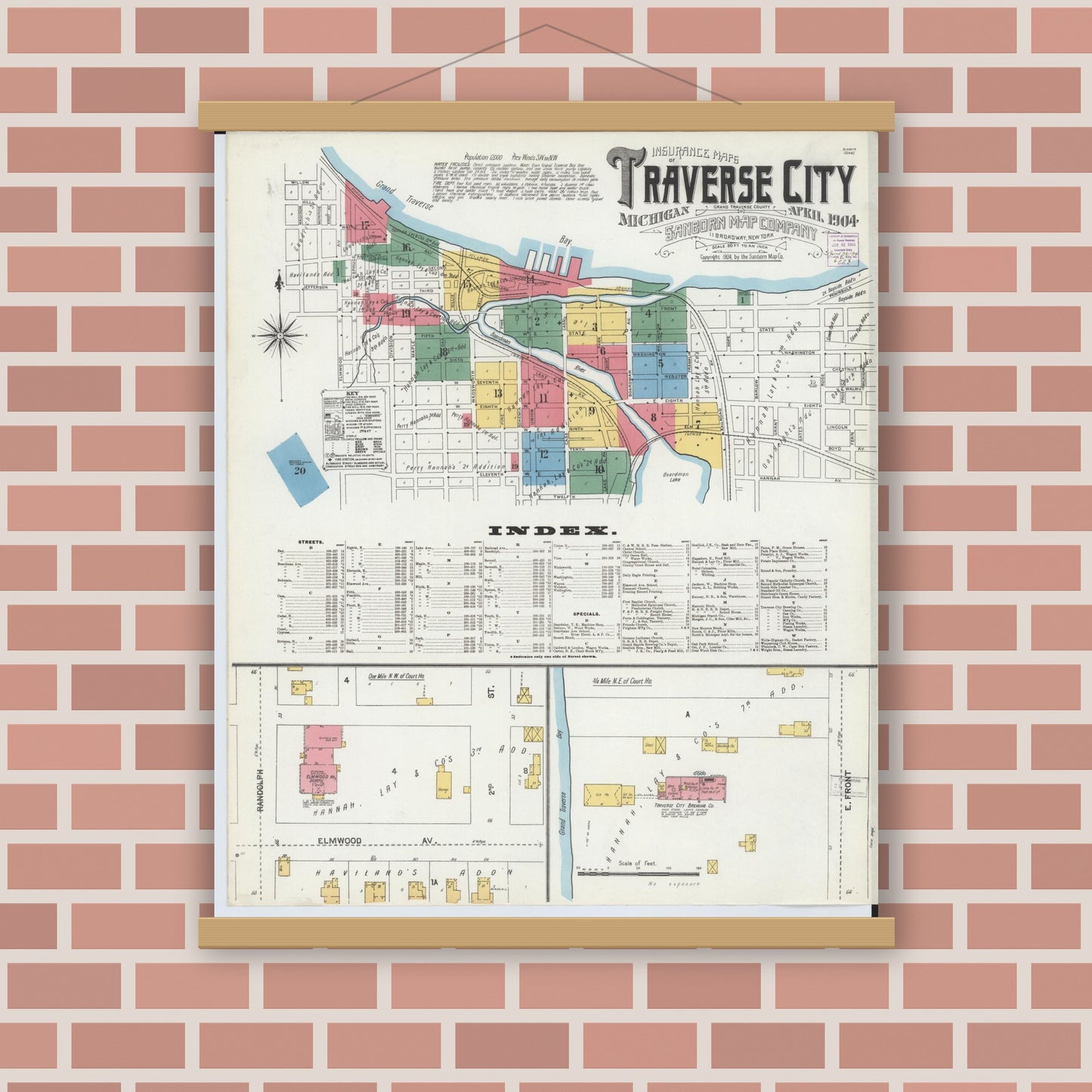 Old map wall art mockup — magnetic wood frame on brick wall — Sanborn Fire Insurance Map from Traverse City, Grand Traverse County, Michigan (1904), Sheet #0001