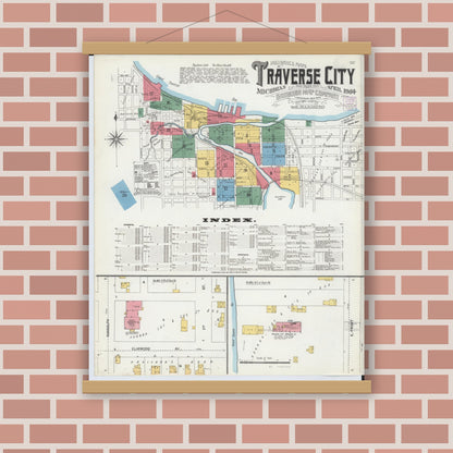 Old map wall art mockup — magnetic wood frame on brick wall — Sanborn Fire Insurance Map from Traverse City, Grand Traverse County, Michigan (1904), Sheet #0001