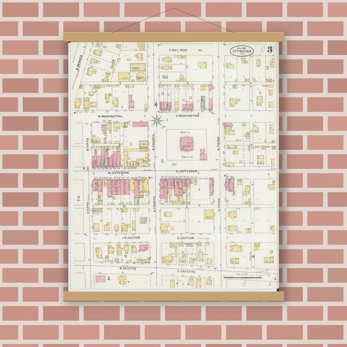 Old map wall art mockup — magnetic wood frame on brick wall — Sanborn Fire Insurance Map from Effingham, Effingham County, Illinois (1898), Sheet #0003