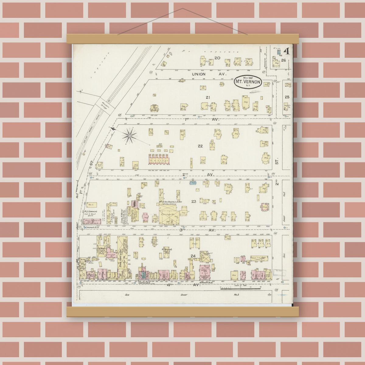 Old map wall art mockup — magnetic wood frame on brick wall — Sanborn Fire Insurance Map from Mount Vernon, Westchester County, New York (1887), Sheet #0004
