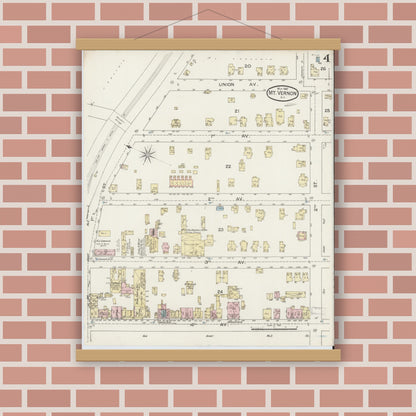 Old map wall art mockup — magnetic wood frame on brick wall — Sanborn Fire Insurance Map from Mount Vernon, Westchester County, New York (1887), Sheet #0004