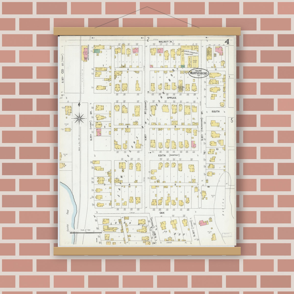 Old map wall art mockup — magnetic wood frame on brick wall — Sanborn Fire Insurance Map from Murphysboro, Jackson County, Illinois (1902), Sheet #0004