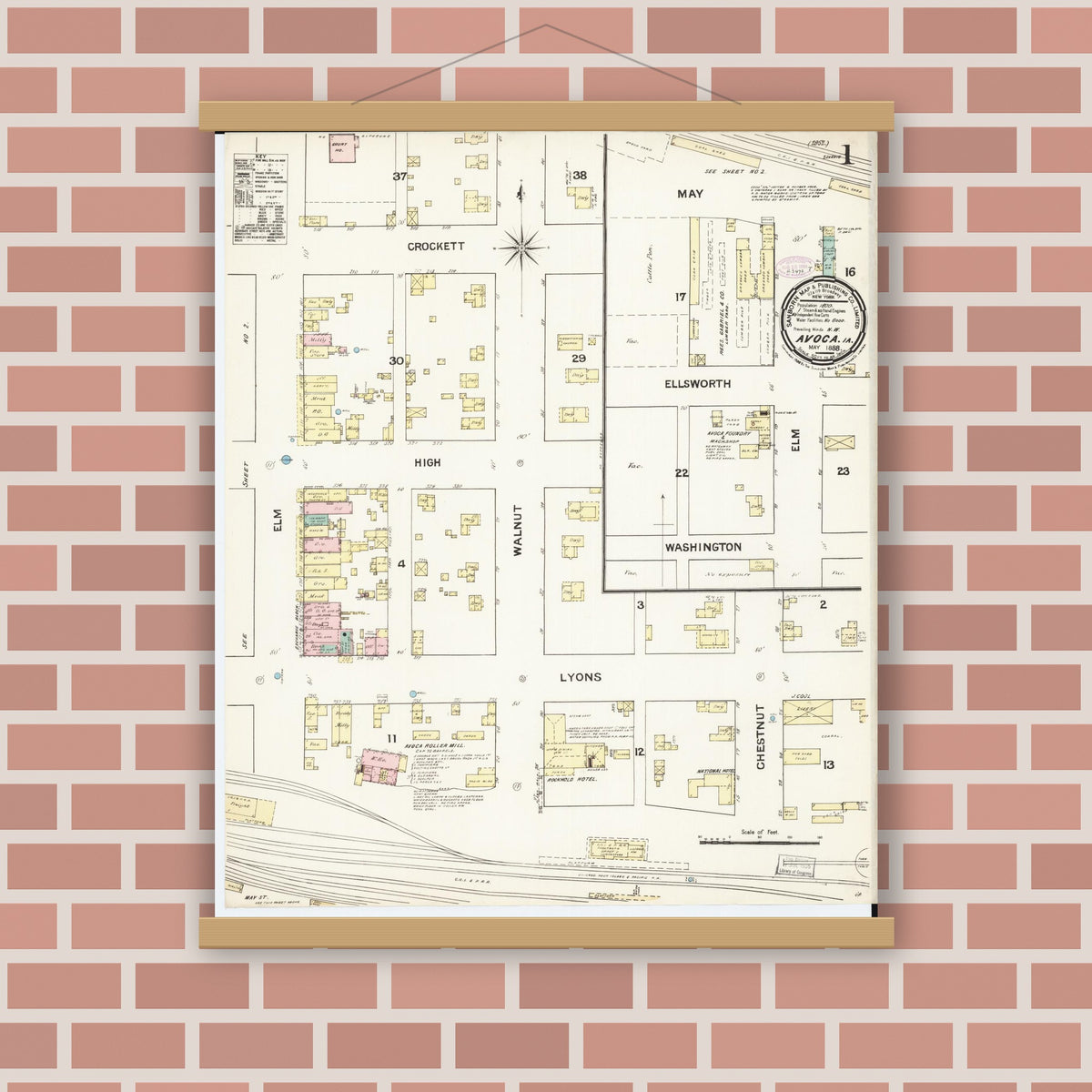 Old map wall art mockup — magnetic wood frame on brick wall — Sanborn Fire Insurance Map from Avoca, Pottawattamie County, Iowa (1888) â€” Complete Set