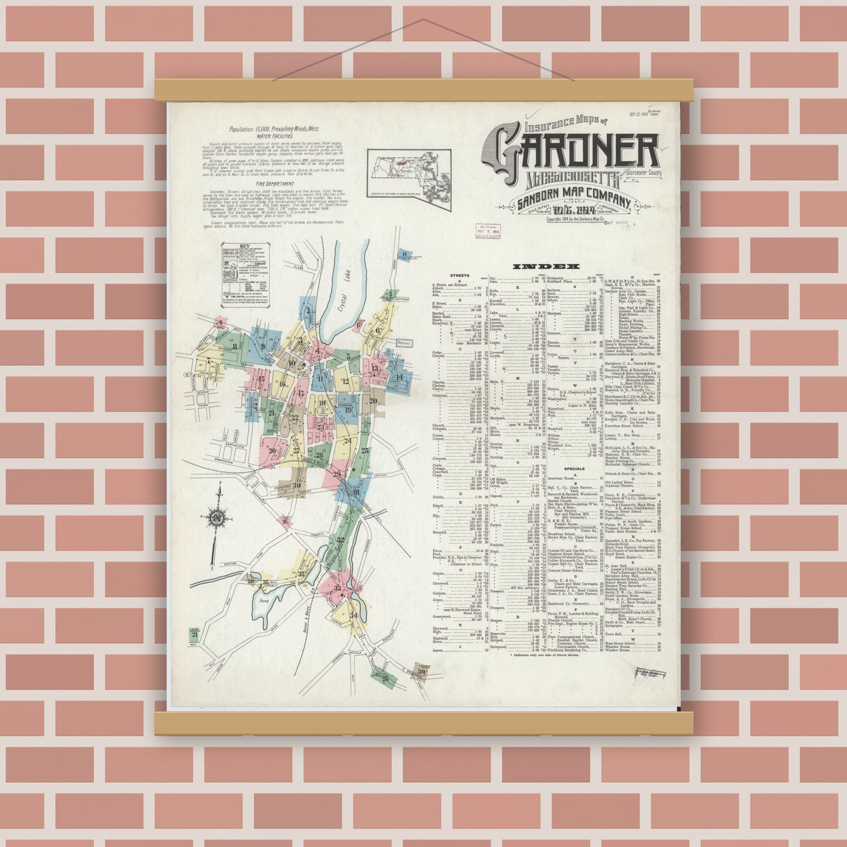 Old map wall art mockup — magnetic wood frame on brick wall — Sanborn Fire Insurance Map from Gardner, Worcester County, Massachusetts (1914) - Complete Map Set