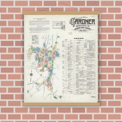 Old map wall art mockup — magnetic wood frame on brick wall — Sanborn Fire Insurance Map from Gardner, Worcester County, Massachusetts (1914) - Complete Map Set
