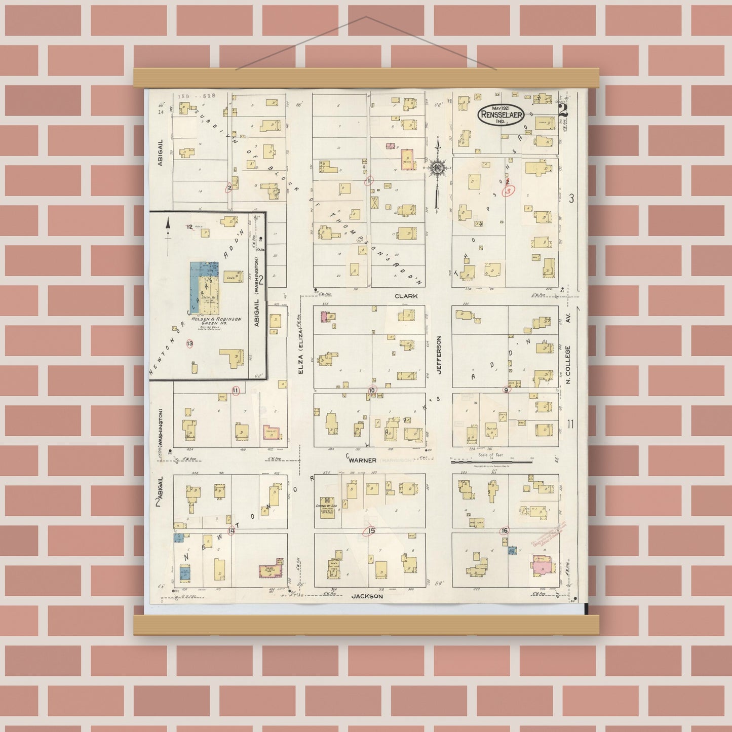 Old map wall art mockup — magnetic wood frame on brick wall — Sanborn Fire Insurance Map from Rensselaer, Jasper County, Indiana (1942), Sheet #0002