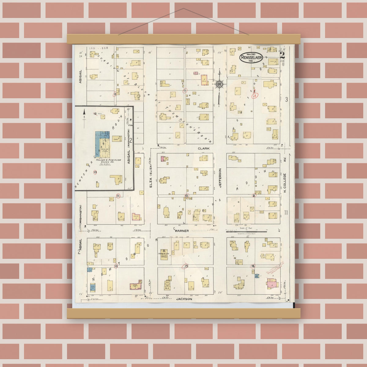 Old map wall art mockup — magnetic wood frame on brick wall — Sanborn Fire Insurance Map from Rensselaer, Jasper County, Indiana (1942), Sheet #0002