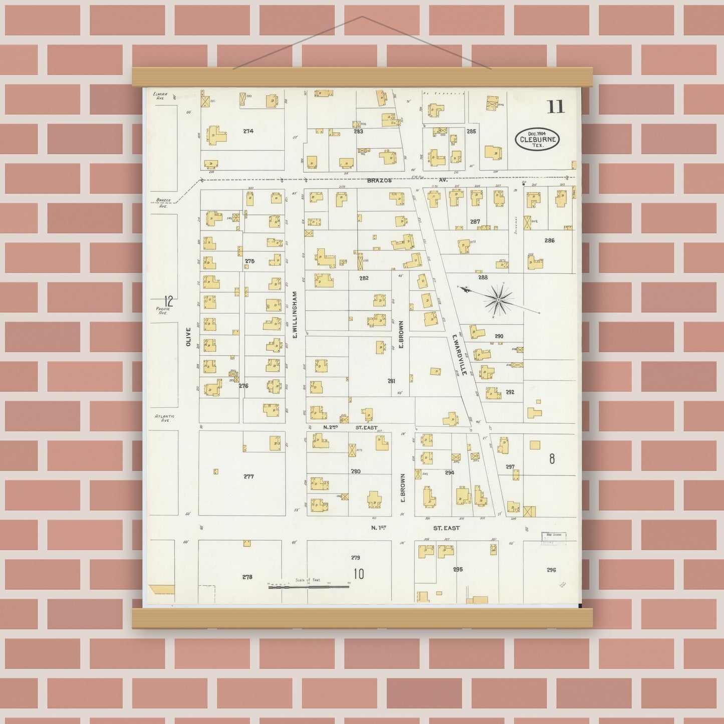 Old map wall art mockup — magnetic wood frame on brick wall — Sanborn Fire Insurance Map from Cleburne, Johnson County, Texas (1904), Sheet #0011