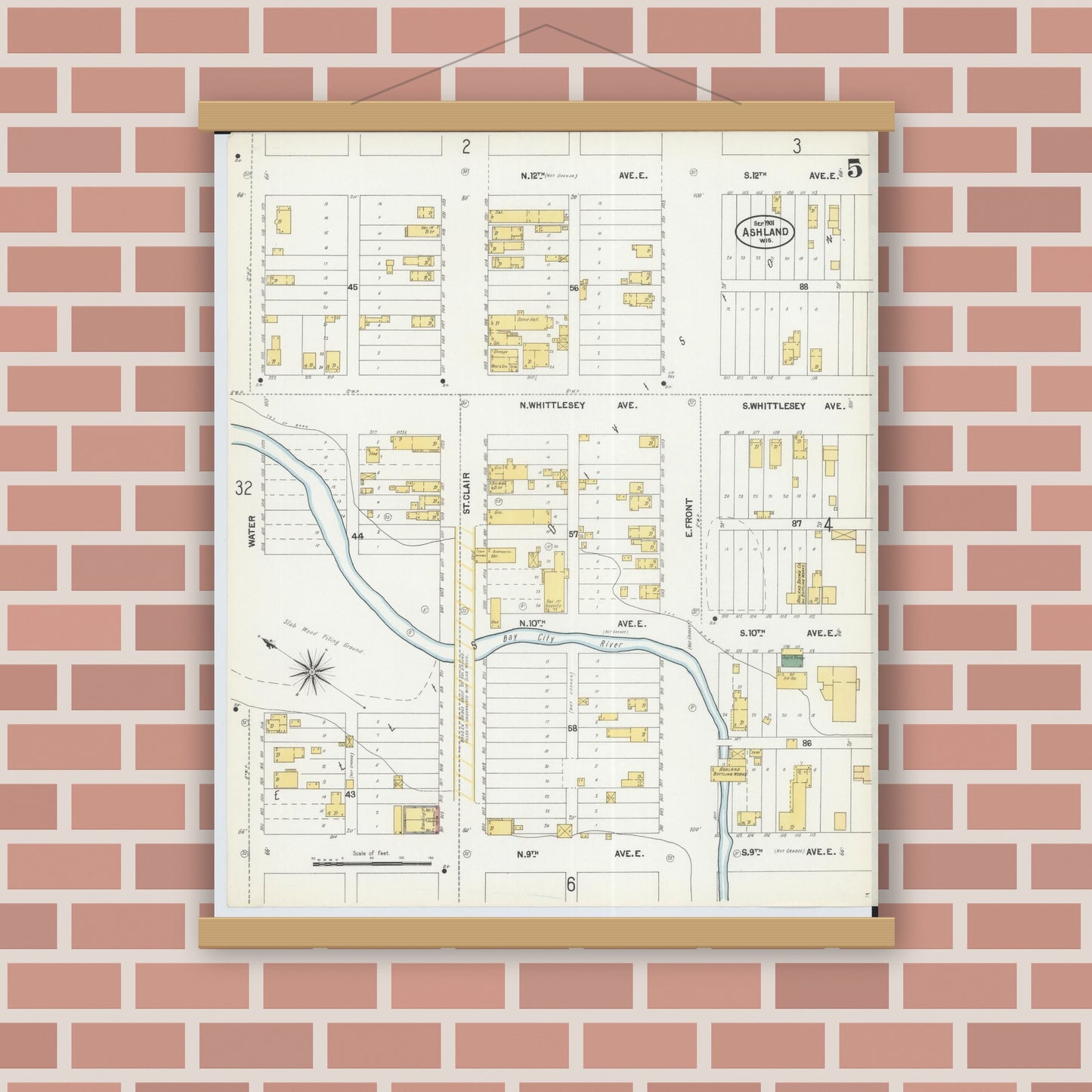 Old map wall art mockup — magnetic wood frame on brick wall — Sanborn Fire Insurance Map from Ashland, Ashland County, Wisconsin (1901), Sheet #0005
