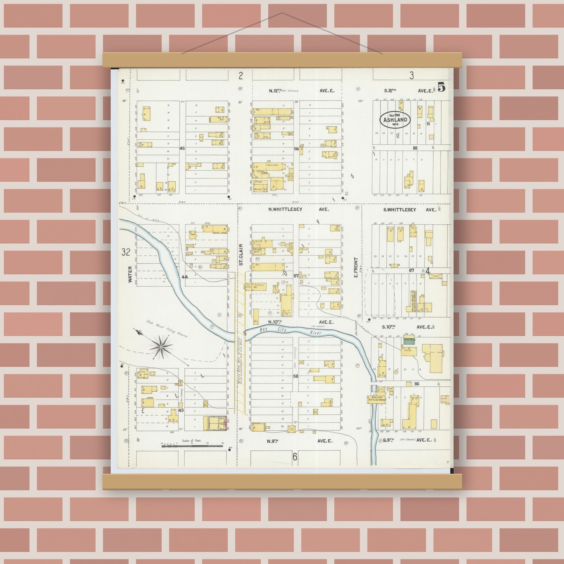 Old map wall art mockup — magnetic wood frame on brick wall — Sanborn Fire Insurance Map from Ashland, Ashland County, Wisconsin (1901), Sheet #0005