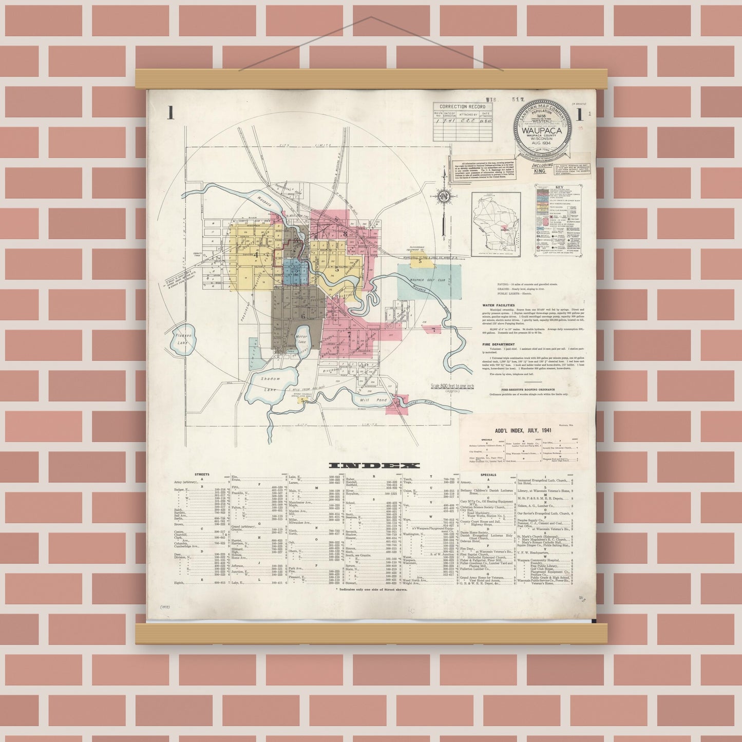 Old map wall art mockup — magnetic wood frame on brick wall — Sanborn Fire Insurance Map from Waupaca, Waupaca County, Wisconsin (1941) - Complete Map Set