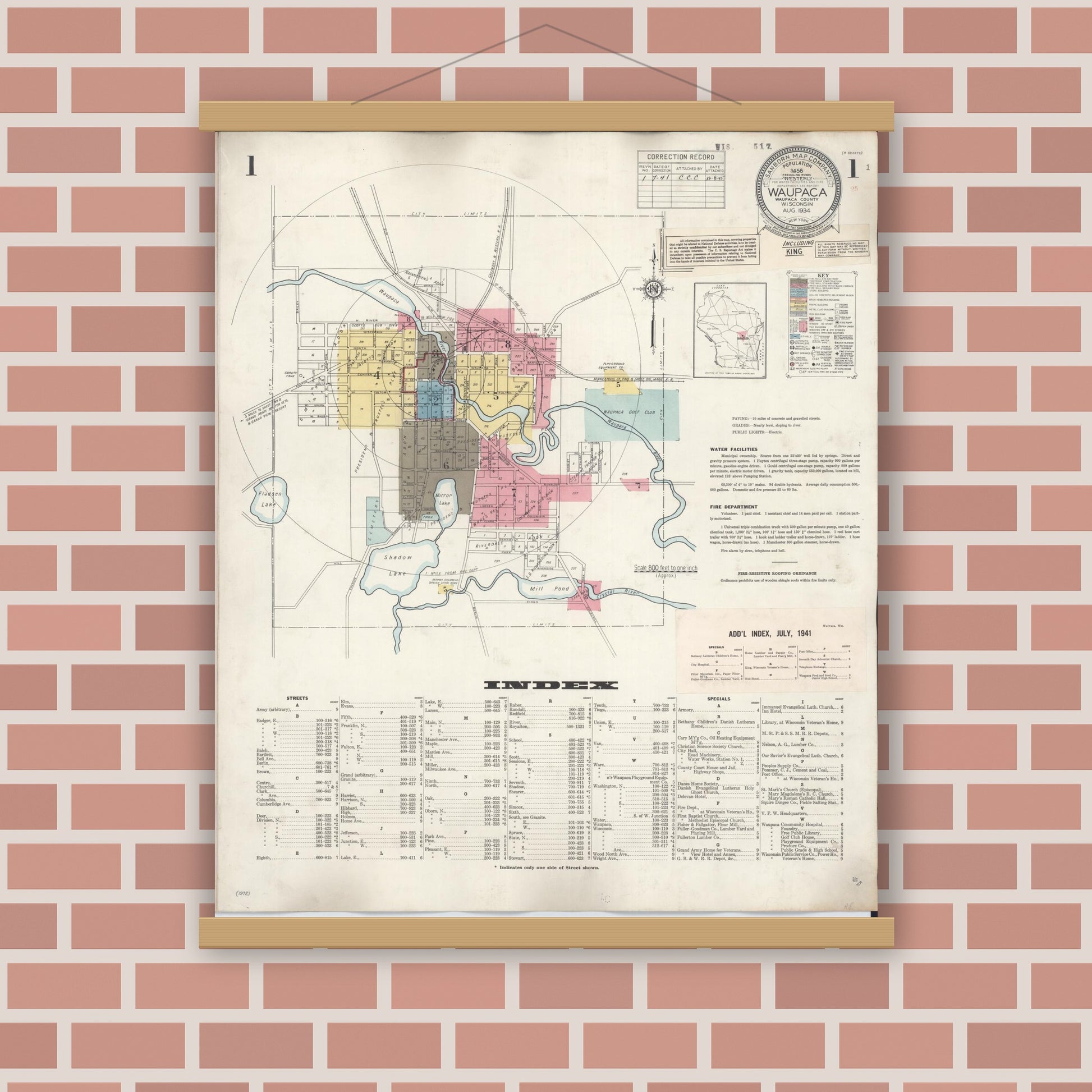 Old map wall art mockup — magnetic wood frame on brick wall — Sanborn Fire Insurance Map from Waupaca, Waupaca County, Wisconsin (1941) - Complete Map Set