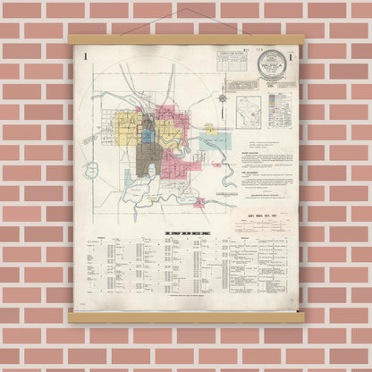 Old map wall art mockup — magnetic wood frame on brick wall — Sanborn Fire Insurance Map from Waupaca, Waupaca County, Wisconsin (1941) - Complete Map Set