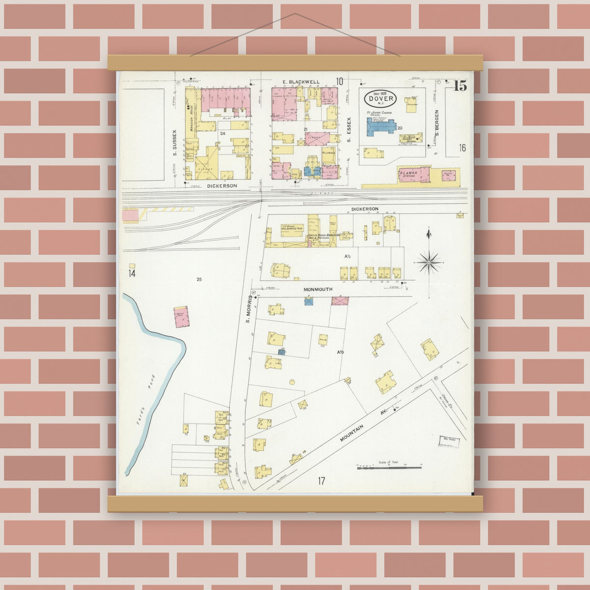 Old map wall art mockup — magnetic wood frame on brick wall — Sanborn Fire Insurance Map from Dover, Morris County, New Jersey (1909), Sheet #0015