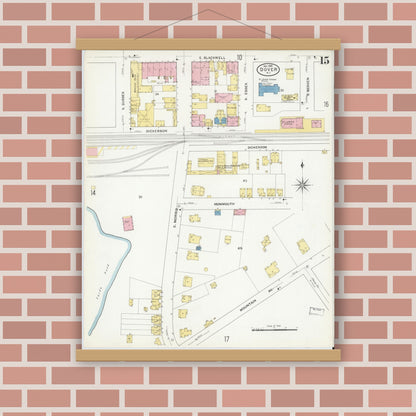 Old map wall art mockup — magnetic wood frame on brick wall — Sanborn Fire Insurance Map from Dover, Morris County, New Jersey (1909), Sheet #0015