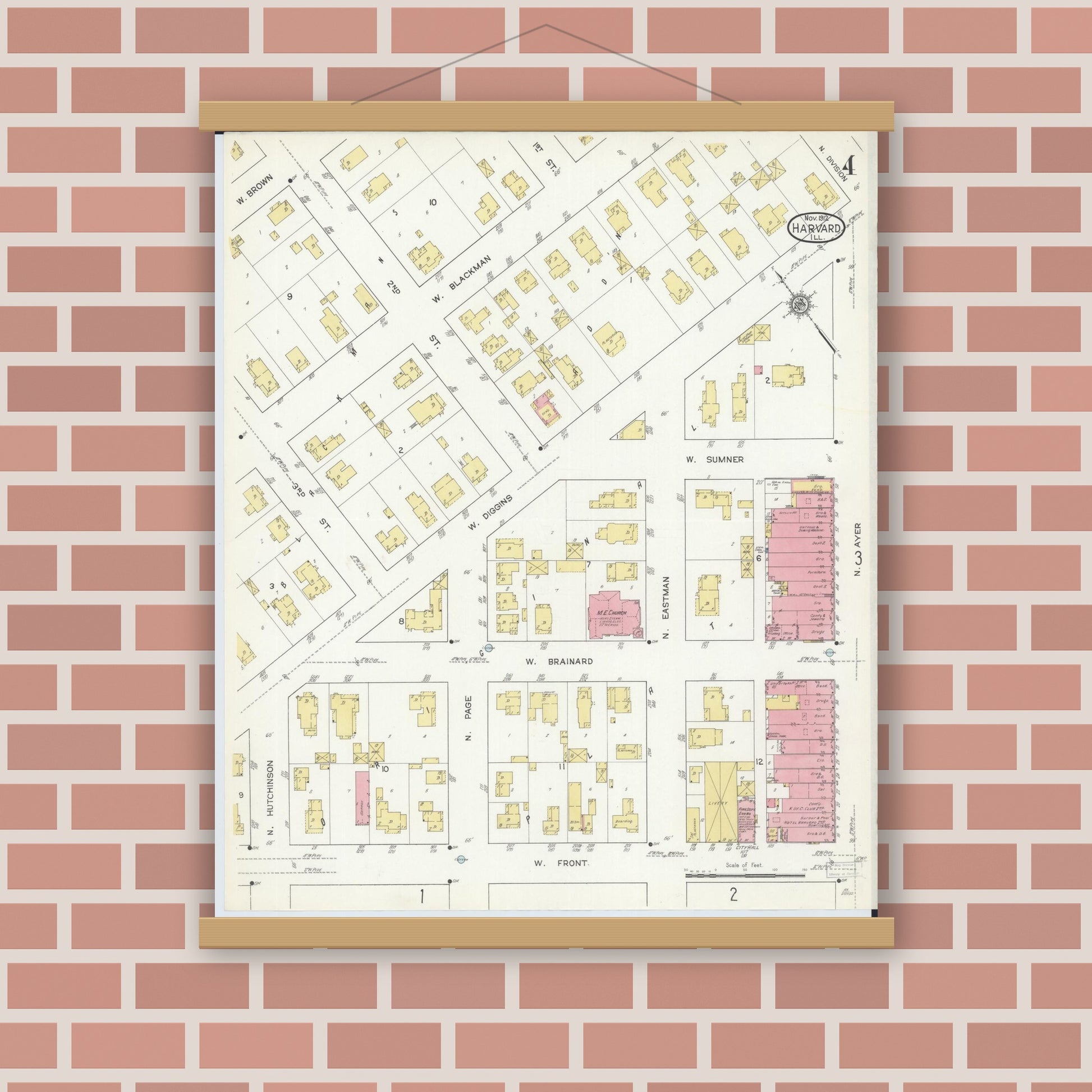 Old map wall art mockup — magnetic wood frame on brick wall — Sanborn Fire Insurance Map from Harvard, McHenry County, Illinois (1912), Sheet #0004