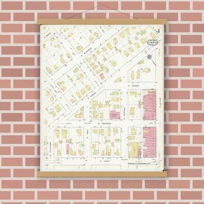 Old map wall art mockup — magnetic wood frame on brick wall — Sanborn Fire Insurance Map from Harvard, McHenry County, Illinois (1912), Sheet #0004