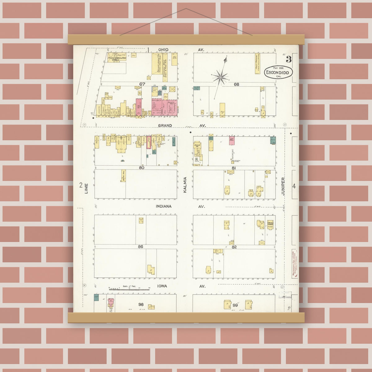 Old map wall art mockup — magnetic wood frame on brick wall — Sanborn Fire Insurance Map from Escondido, San Diego County, California (1896), Sheet #0003