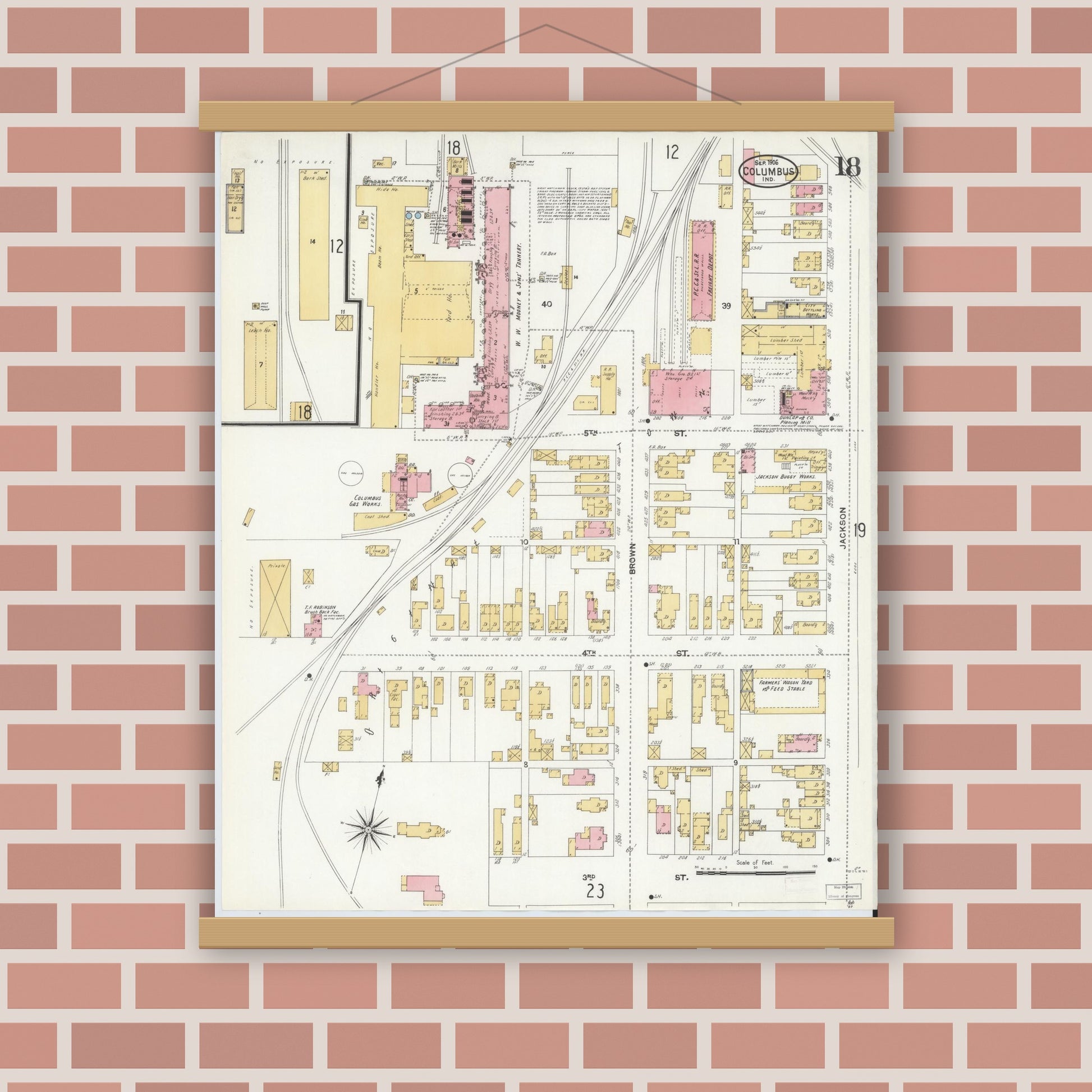 Old map wall art mockup — magnetic wood frame on brick wall — Sanborn Fire Insurance Map from Columbus, Bartholomew County, Indiana (1906), Sheet #0018