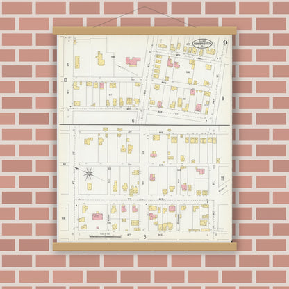Old map wall art mockup — magnetic wood frame on brick wall — Sanborn Fire Insurance Map from New Brighton, Beaver County, Pennsylvania (1901), Sheet #0009