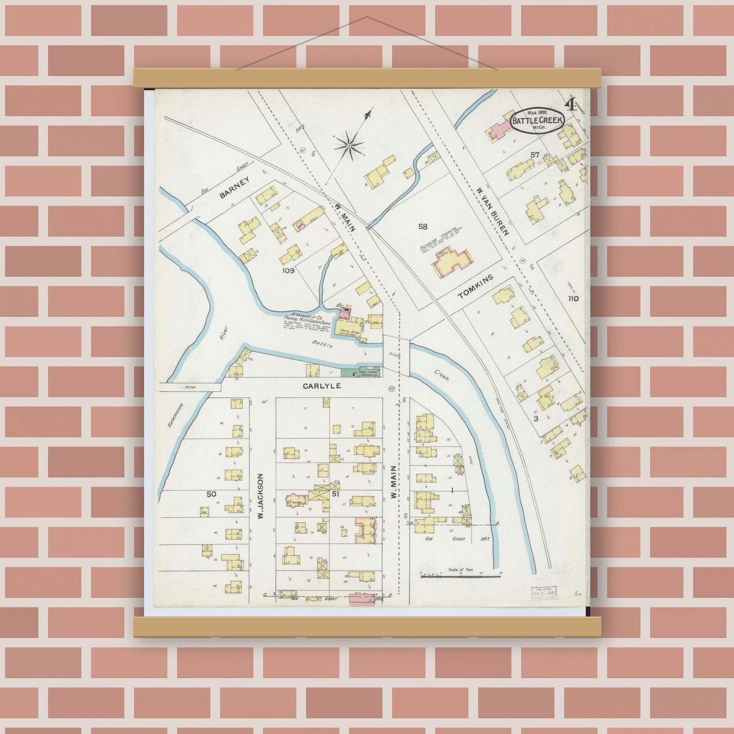 Old map wall art mockup — magnetic wood frame on brick wall — Sanborn Fire Insurance Map from Battle Creek, Calhoun County, Michigan (1892), Sheet #0004