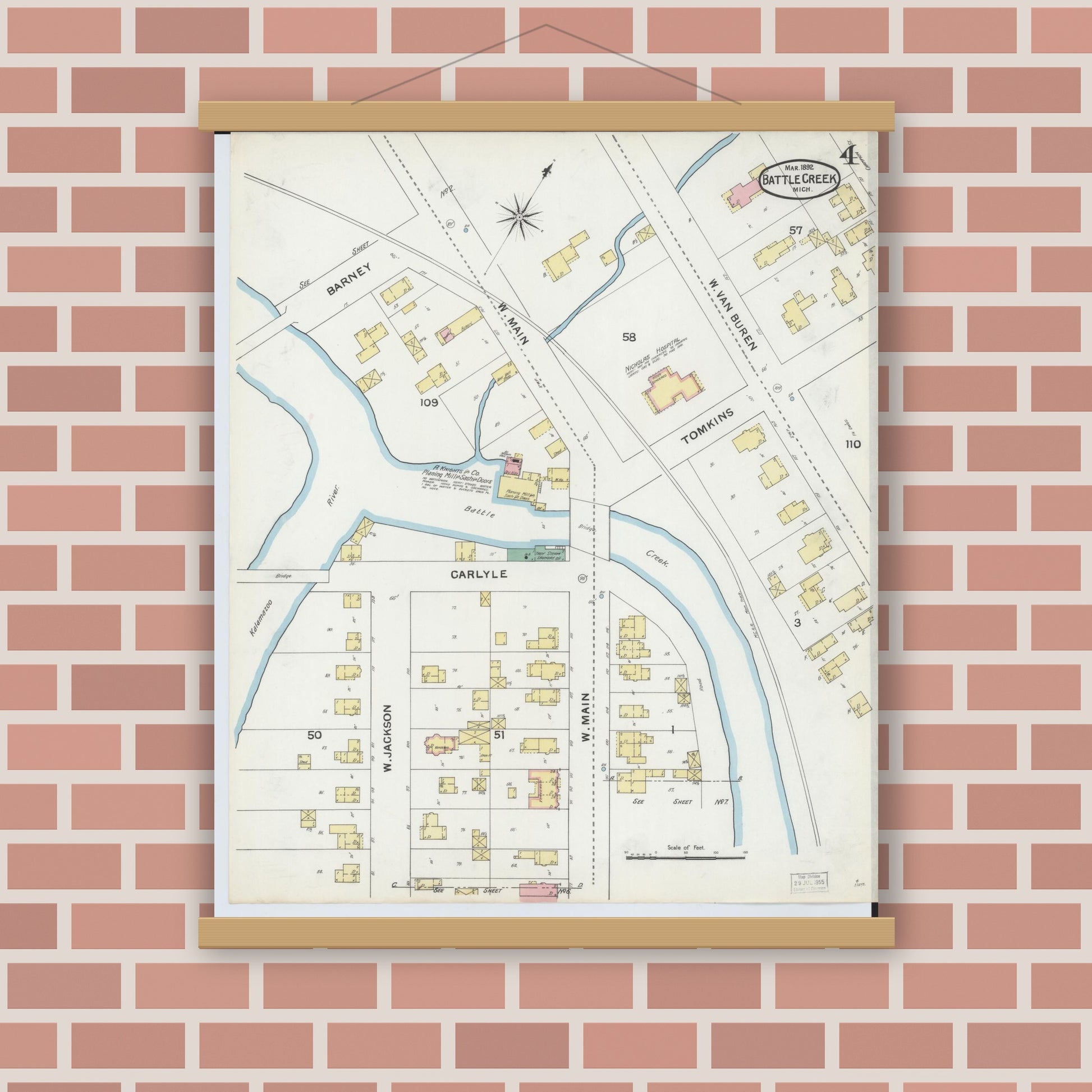 Old map wall art mockup — magnetic wood frame on brick wall — Sanborn Fire Insurance Map from Battle Creek, Calhoun County, Michigan (1892), Sheet #0004