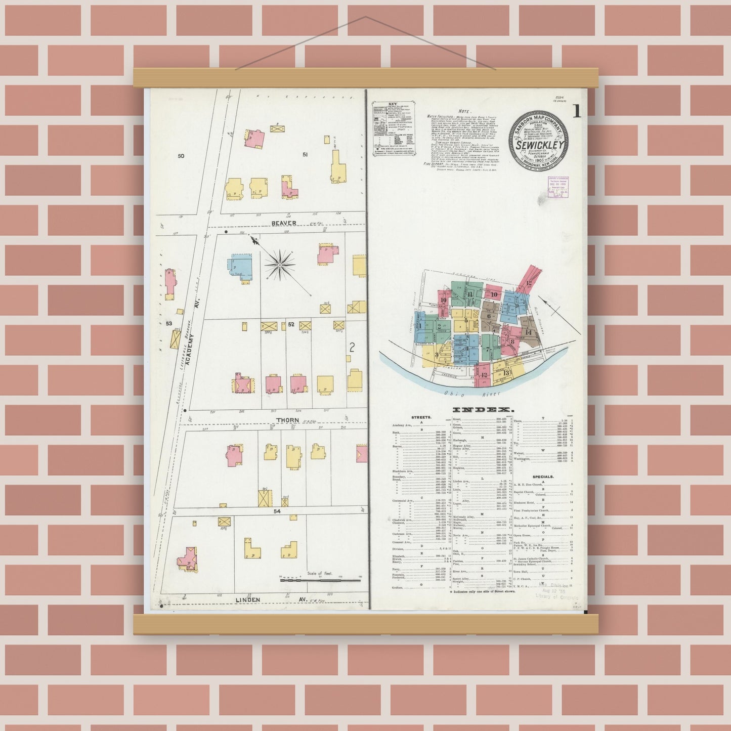 Old map wall art mockup — magnetic wood frame on brick wall — Sanborn Fire Insurance Map from Sewickley, Allegheny County, Pennsylvania (1905) - Complete Map Set