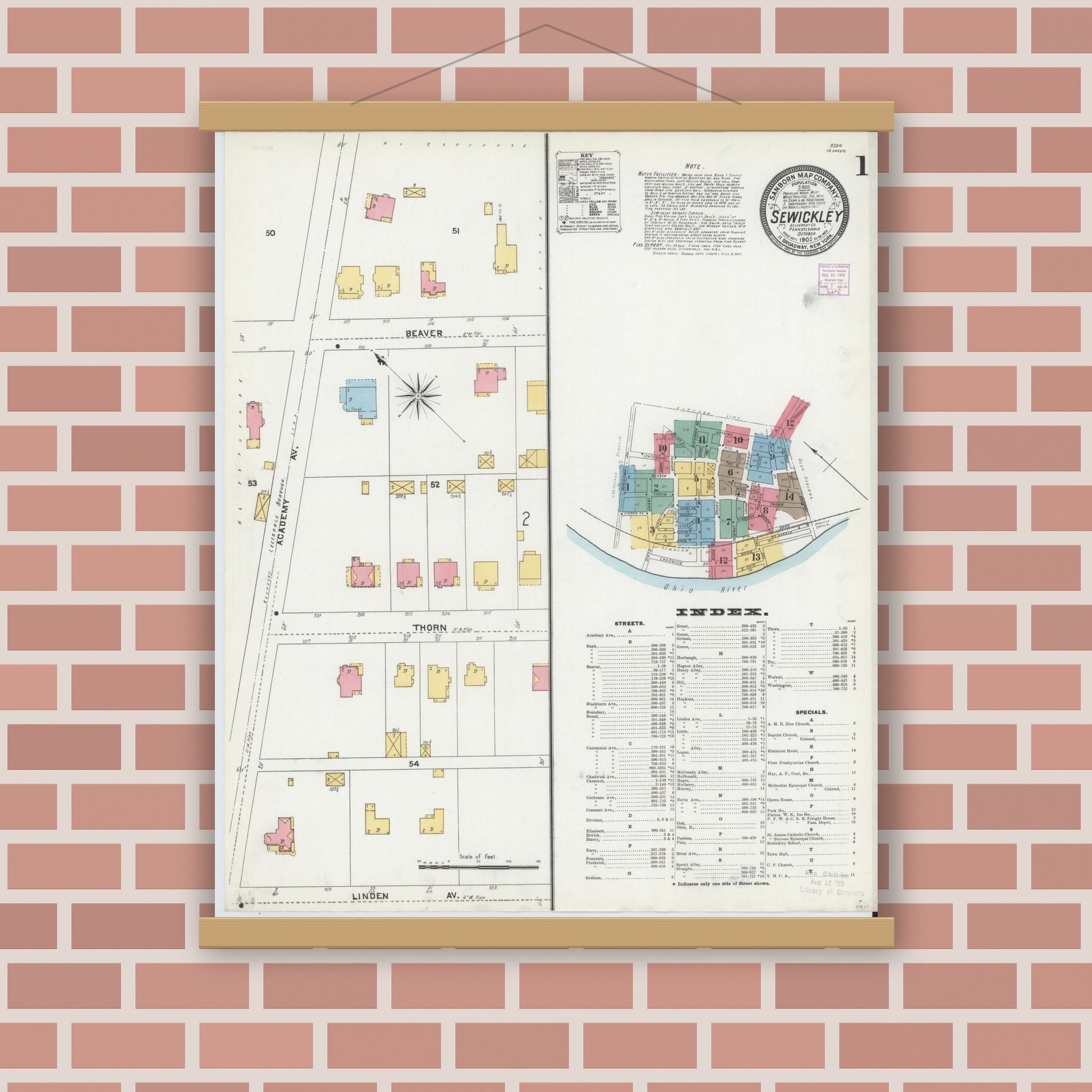 Old map wall art mockup — magnetic wood frame on brick wall — Sanborn Fire Insurance Map from Sewickley, Allegheny County, Pennsylvania (1905) - Complete Map Set